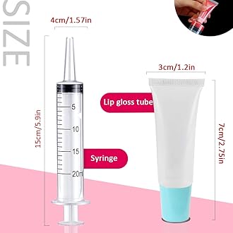 AMORIX 50PCS Lip Gloss Tubes 5ml Blue Cap Lip Gloss Containers Empty Lip Balm Tubes Refillable Squeeze Lipgloss Tubes + 2 x 20ml Syringes Tag Labels for DIY Lip Gloss Glitter