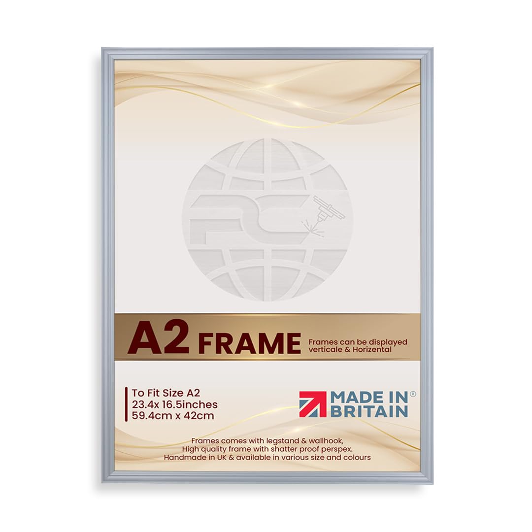 Procut Global Picture Frames A2 Silver - Classic A2 Frames With Safe Perspex Front & Wall Hanging Hooks - Premium Synthetic Wood - Handmade Frames