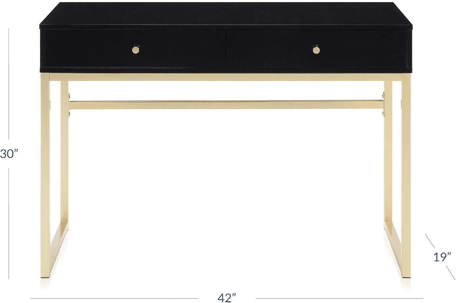 BELLEZE Modern 42 Inch Makeup Vanity Dressing Table or Home Office Computer Laptop Writing Desk with Two Storage Drawers, Wood Top, and Gold Metal Frame - Bronte (Black)