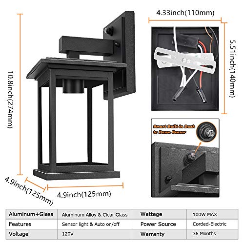 Upgrade Dusk To Dawn Sensor Outdoor Wall Lanterns, Exterior Wall Sconce Porch Light Fixture With E26 Socket, 100% Anti-Rust Waterproof Matte Black Wall Mount Lamp With Clear Glass For Entryway Garage #TOP2