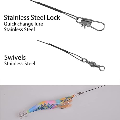 Miniatura 7 de Cebo luminoso de pesca de calamar con alambre de acero, kit de líder de 15 piezas de agua salada de madera para camarones anzuelo de pulpo, sepia y