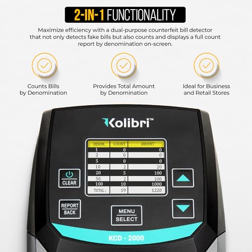KOLIBRI KCD-2000 Advanced Counterfeit Bill Detector | All-Orientation Counterfeit Detection Bill Counter | Money Counter by Denomination | Detect Fake Bills Fast