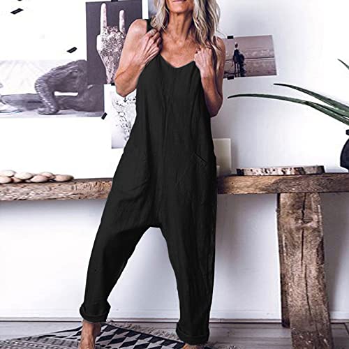 Linen Overalls for Women Summer Loose Fit Straight Leg Plain Long Leg Jumpsuits Pant Unitard Women 2025 Fashion Y2K2