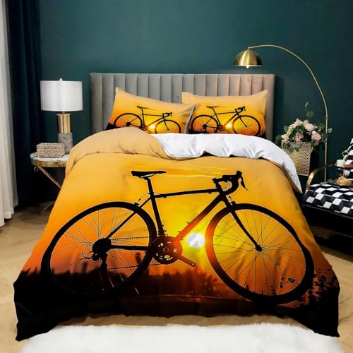 Jaune Brunâtre Parure de lit 90x190 Coucher de Soleil, Bus, vélo Housse de Couette 3 pièces, Ensemble de Literie avec Housses de Couettes et 2 taie d'oreiller 65x65...