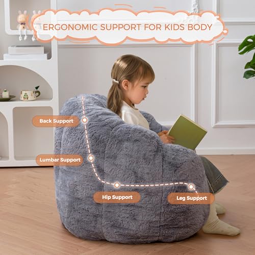 Image of MAXYOYO Kids Bean Bag Chair, Floral Shaped Bean Bag Sofa, Plush Faux Fur Toddler Couch with Petal Backrest for Boys Girls, Stuffed Cozy Sofa for Nursery, Bedroom, Grey