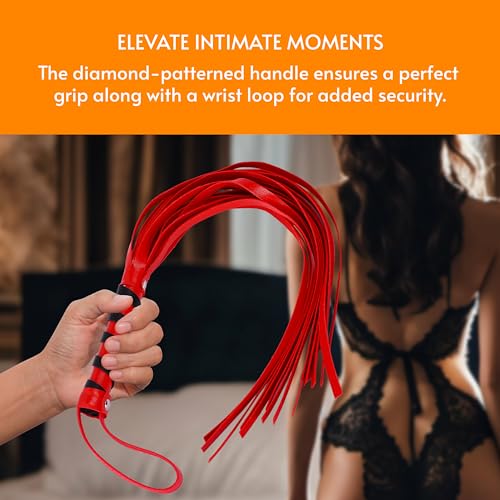 Image of Sweet Vibrations Faux Leather Floggers for Bedroom - Black Whip for Adults, Structured Diamond-Pattern Handle with Wrist Loop, Durable Material for Enhanced Handling - 1.9x23.6x1.10 inch - Red Whip