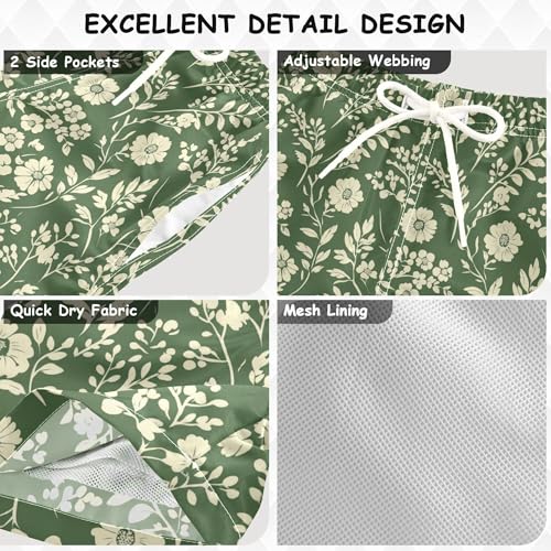 JUNZAN Autumn Flowers Peonies Sage Green Boys Swim Shorts Quick Dry Boys Boardshorts Kids Swimwears Son's Presents 2T3