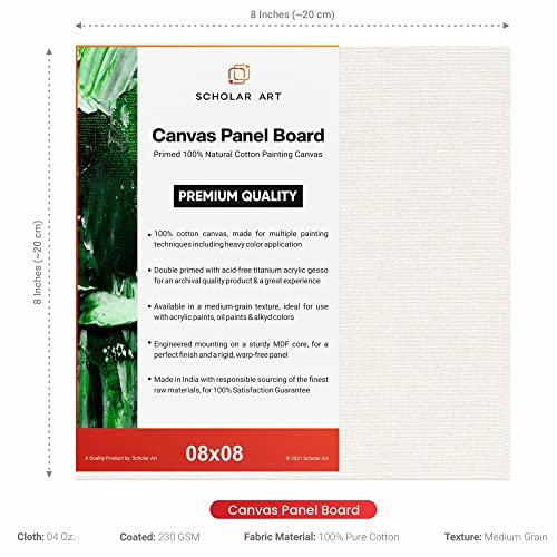 Image of Scholar Art Hobby Series 04 Oz (230 GSM) 100% Cotton Canvas Panel Board for Painting (White Blank Canvas Boards for Acrylic Paint, Oil Paint, Wet & Dry Media) | 08 inchx08 inch (20x20 cm), Pack of 6
