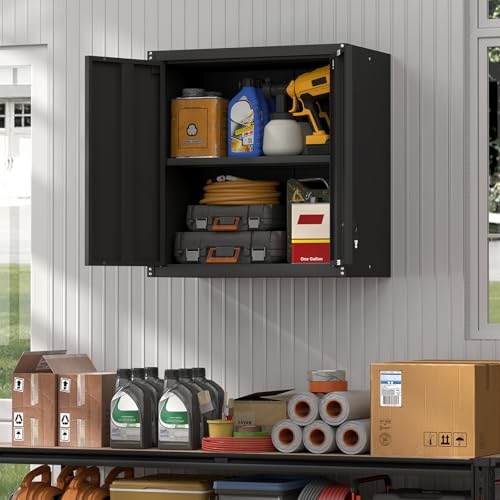 Image of Steel Wall Cabinet, Metal Locking Wall Cabinet, Hanging Metal Cabinet for Garage Tool Storage, Wall Mount Tool Cabinet for Garage, Laundry Room, Office, Black