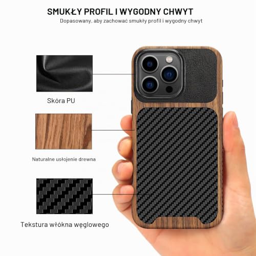 TENDLIN Magnetyczne etui kompatybilne z iPhone'em 16 Pro, wzór słojów drewna z teksturą włókna węglowego, skórzane hybrydowe smukłe etui (kompatybilne z MagSafe), czarne