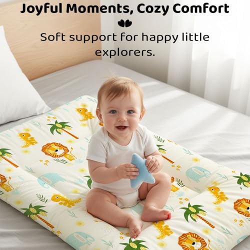 Image of StarAndDaisy Newborn Baby Bedding Nest 100% Cotton Cushioned Mattress Sheet with 2 Side Bolster Pillows & 1 Head Pillow Breathable & Soft Boys & Girl Design Safari Print