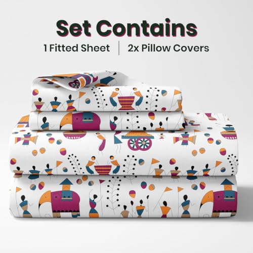 Image of LORETO - A QUALITY LINEN BRAND 186 TC 100% Pure Cotton Double /Queen Fitted Bedsheet with 2 Pillow Covers for 78 x 60 Inch Mattress, All-Around Elastic, 8 Inch Deep Pocket, Tribal Motifs