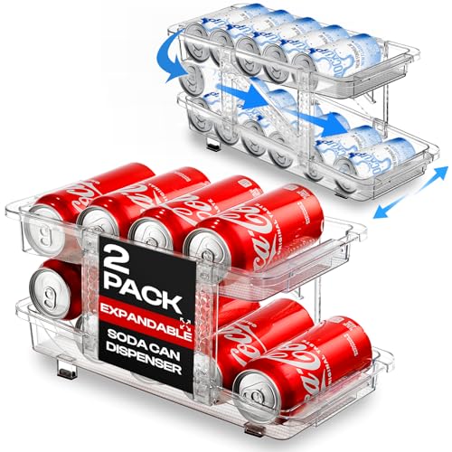 Expandable Soda Can Dispenser for Fridge - 2-Pack - Clear Transparent Soda Can Organizer for Refrigerator, Kitchen, and Pantry Storage Organizer for Cans, Beverage Bottle, Canned Food & Bottles
