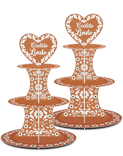 KARAQY 2 PCS Cielito Lindo Terracotta Cupcake Stand, 3 Tier Mexican Papel Picado Cupcake Dessert Tower for Birthday Baby Shower Cinco de Mayo Fiesta