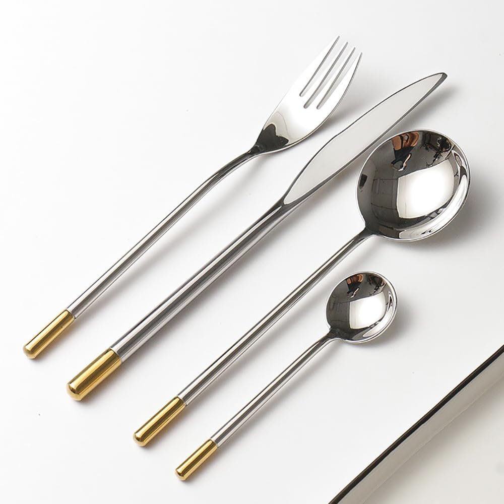 Besteckset, Silbernes Geschirrset, Besteckset aus Edelstahl, Küchenutensiliensets, Messer, Löffel, Gabeln, Set für den Spiegel im Restaurant zu Hause (Gold 64) (Gold 48)