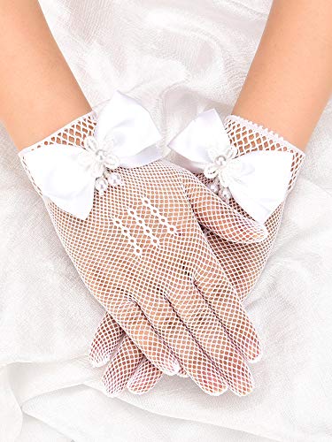 Chuangdi White Short Princess Lace Gloves First Communion Satin Gloves with Bow Tie for Girls Women Wedding Faux Pearl Decoration Party(Lace Type, White)4