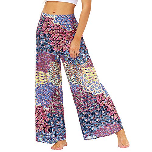 Nuofengkudu Pantalones Anchos Mujer Elegantes Boho Estampados Largos Pantalones de Campana Cintura Alta Palazzo Pantalon Ancho Yoga Pants Fiesta Verano Playa(016-Morado,L/XL) Cover