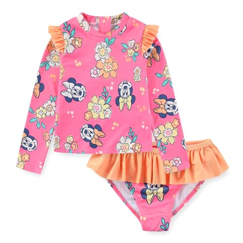 Disney Lilo & Stitch Minnie Mouse UPF 50+ Girls Long Sleeve Rash Guard and Bikini 2-Piece Swimsuit Set for Big Kids Pink