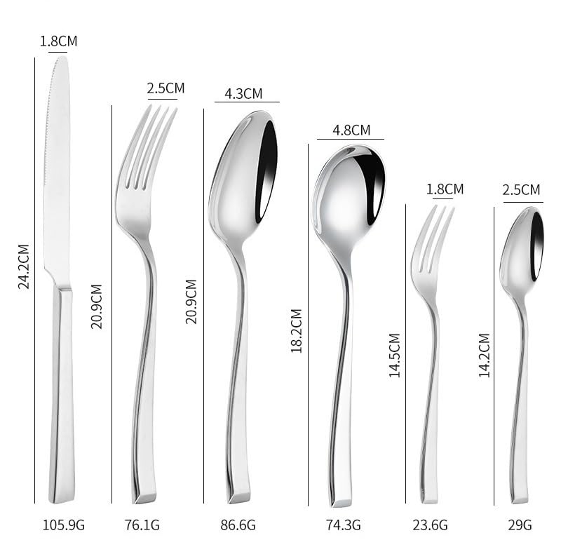 Besteckset, 6/24/36/48/60/72-teilig, kreatives Besteckset aus Edelstahl 304 mit quadratischem Griff, 6-teilig, Steakmesser, Dessertlöffel. Silber, 48 Teile für 8 (Gold, 36 Teile für 6)