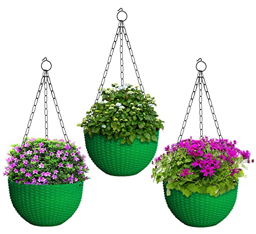 Kuber Industries Plastic Hanging Flower Pot for Balcony & Railing Set of 3 (Green)-18x18x59 cm