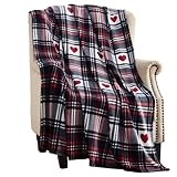 Serafina Home Spring Love Fleece Throw Blanket: Red Black White Plaid with Red Hearts, Microfiber Velvet, Accent for Couch Sofa Chair Bed or Dorm