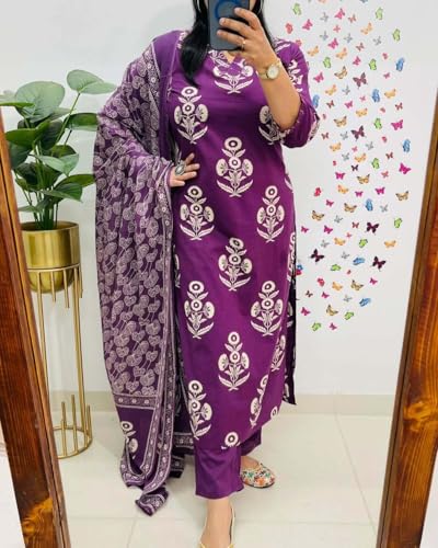 Image of Rangnavi Women's Floral Printed Stright Kurta with Pant & Dupatta Set | Kurta set