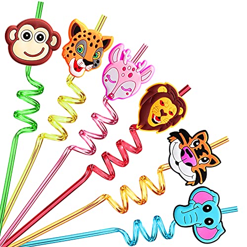 24 Reusable Jungle Animal Straws for Lion Fox Safari Party Supplies Favors,Woodland Birthday Party Supplies Gift with 2 Cleaning Brushes