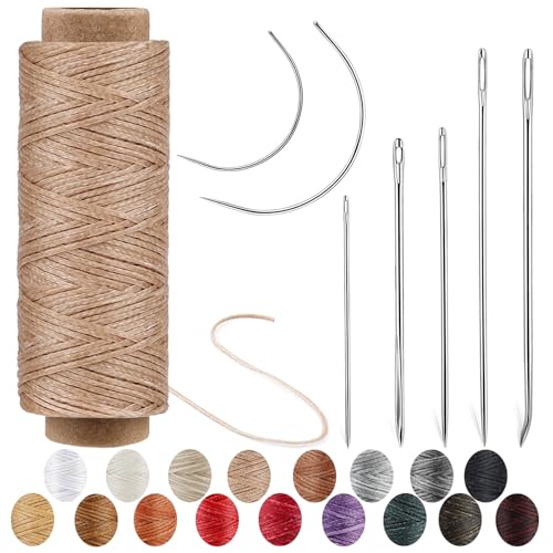 Ftyiwu Waxed Thread 55 Yards, Leather Sewing Waxed Thread with Upholstery Needles Hand Sewing Needles for Home Upholstery Carpet Leather Canvas Repair and Sewing (Khaki)
