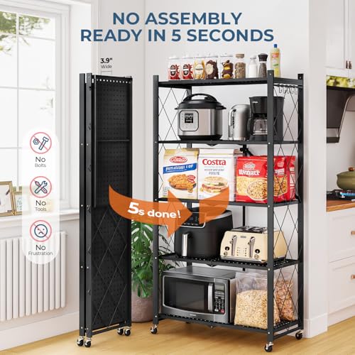 Image of Upgraded 18% Thickened Portable 5-Tier Foldable Storage Shelves with Wheels | Heavy Duty Storage Shelf Collapsible Shelves Unit Display for Garage Storage Kitchen Pantry & Closet Organizer, Matte Black