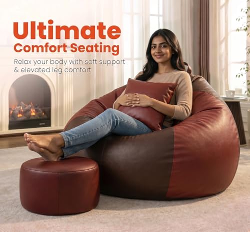 Image of Sattva Classic 2XL Sofa Style Bean Bag Chair with Beans Filled | Faux Leather Bin Bags Sofa Set with Footstool & Cushion | Comfortable Beam Bag & Beanbags for Adults, Home & Office - Brown & Tan