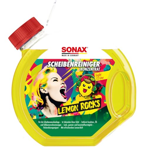 SONAX ScheibenReiniger gebrauchsfertig Lemon Rocks (3 Liter) entfernt Insekten-, Öl-, Silikon- und typische Straßenverschmutzungen | Art-Nr. 01604000