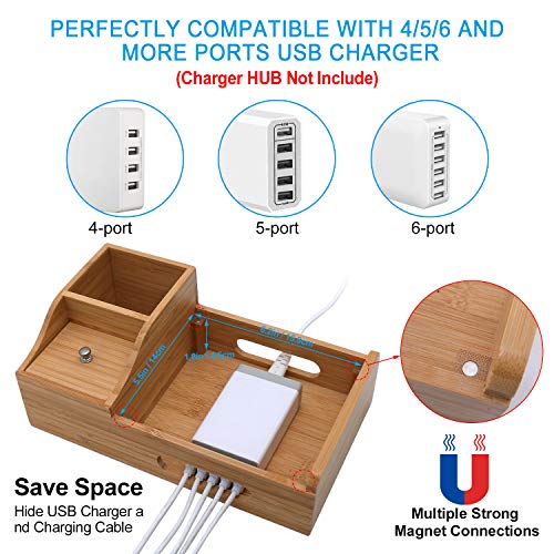 Pezin & Hulin Bamboo Charging Station, Multiple Devices Organizer for Phones,Tablet, Office Desktop Wooden Docking Stations (Include 5 x Charger Cable), Storage Box Stand for Pen, Key, Remote