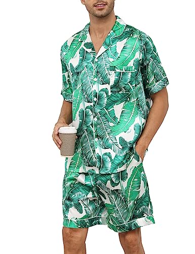 Image of SWOMOG Satin Matching Pajamas Sets Couple Silk Button Down Nightwear Women & Men Short Sleeve Sleepwear 2 Pieces Loungewear