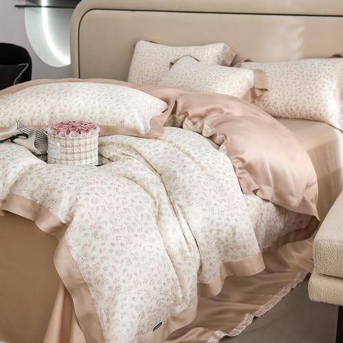 VM VOUGEMARKET Blush Pink Duvet Cover Twin Cooling Lyocell Teen Girls Flower Leaves Duvet Cover with Zipper Closure Romantic Ruffle Bedding Sets,Twin 68x86 Inch