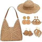 Shyyween 6 Pcs Womens Straw Beach Bag Set Included 1 Summer Beach Bag 1 Sun Cap 4 Pair Rattan Tassel Earring(Bucket Hat) Natural
