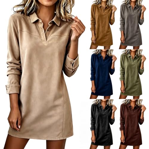 Women's Western Faux Suede Midi Dress Casual Collared V Neck Fall Dress - image 1