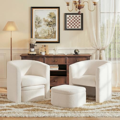 COLAMY Morden Velvet Barrel Accent Chair with Storage Ottoman Set