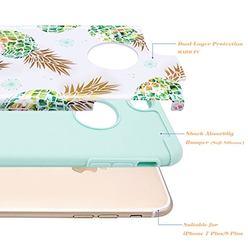 Fingic Case For Iphone 7 Plus,Iphone 8 Plus Pineapple Case,Cute Shiny Green Pineapple Tropical Design Summer Case For Girls Women 2 In1 Hybrid Silicone Skin Cover Iphone 7 Plus/8 Plus,Green #TOP3