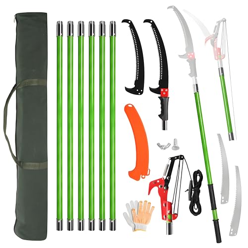 26ft Manual Tree Pole Saw Set, 8m Extendable Fiberglass Pruner with Alloy Steel Blades, Rope Pull System, Storage Bag for Garden Maintenance