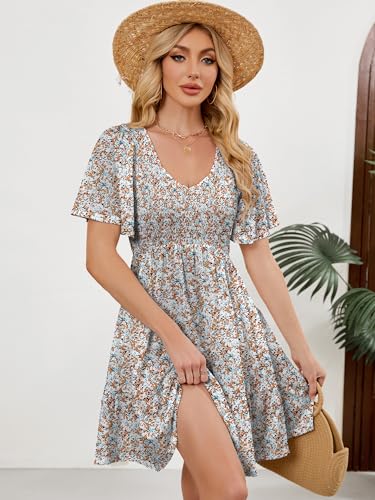 Image of UEAL Womens Cute Floral Smocked V Neck Flutter Sleeve Sundress with Pockets Casual Spring Summer Dresses for Women 2026