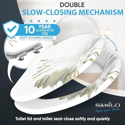 Sanilo 173 Elongated Molded Wood Adjustable Toilet Seat with No Slam, Soft-Close Lid, Stainless Steel Hinge, and Unique Design, Balance Stones - 2