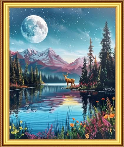 Image of Foxnyart Stamped Cross Stitch Kits Full Range of Embroidery Needlework Starter Kits for Beginners Adults 11CT Embroidery Patterns Art Crafts DIY Needlepoint Kit-Forest Moon Scenery 16x20 inchs