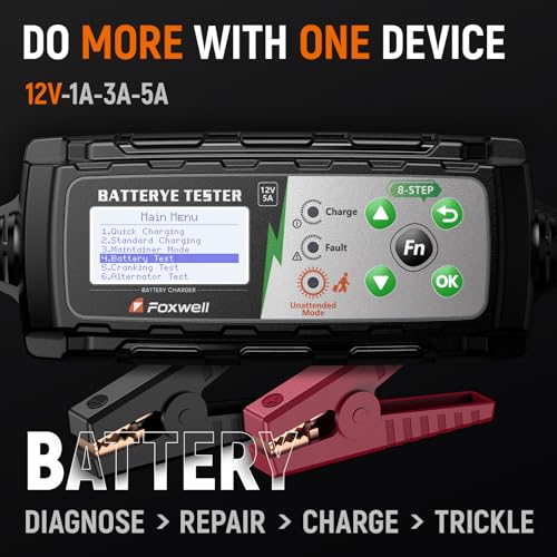 FOXWELL BC521 5A 12V Battery Charger & Tester, 4-in-1 Battery Maintainer, Trickle Charger & Cranking/Charging System Tester, Smart 8-Stage Charging, Pulse Repair, Unattended Mode for Car/RV/Motorcycle