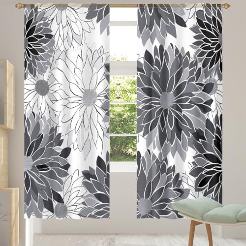 Mexpekil Par de cortinas semitransparentes de gasa con diseño de flores grises, negras y blancas, para sala de estar, dormitorio, cocina en casa, 55 pulgadas de ancho, 2 paneles