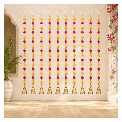 Image of Bindian Pom Pom Beads & Golden Bell Toran for Main Door, Pack of 10 Home Decor Wall Hanging Decoration, Door Hanging Decorative Items, Pooja Room Decor, Festival Decoration