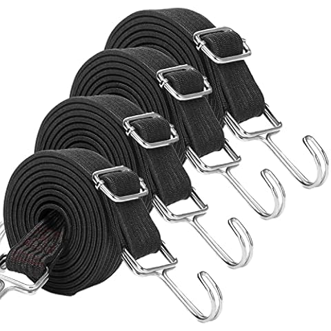 JETAINE Bungee Cords With Hooks, 4 Pack Adjustable Bungee Straps, 150CM Long Flat elastic Rope with Hooks, Large Heavy Duty Rubber Elastic Straps with Metal Buckle for Bike Camping Luggage Roof Racks Cover