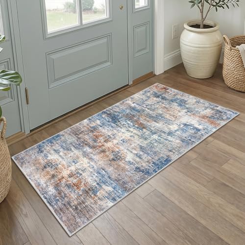 IOHOUZE Abstract Runner Rug 2x4 Ft Entryway Rugs Washable Door Mat Indoor Entrance, Rubber Backed Entryway Runners, Printed Faux Wool Non Slip Floor Carpet for Foyer Front Door Sink, Blue Rust