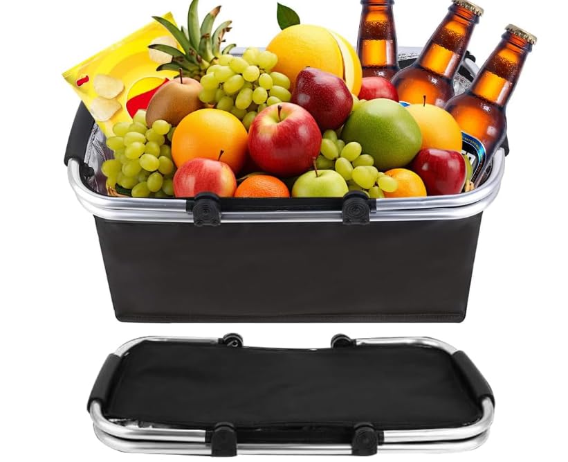KBIBCK Einkaufskorb Kühltasche, 30L Kühlkorb Faltbar, Picknickkorb Groß, Leicht klappbar & kompakt, Mit Griff Lunchtasche Thermo Tasche für Büro Camping Picknick Reisen Einkaufen (Schwarz)