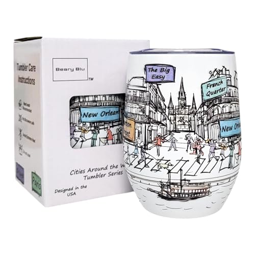 Beary Blu Cities Around the World 12 Oz Tumbler Series - Designed in the USA - Vacuum Insulated Tumbler with Lids - Stainless Steel Wine Coffee Water Travel Mug for Hot Cold Drink (New Orleans)