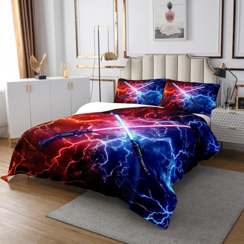 Lightsaber Quilt Set for Kids Teens,Neon Red Blue Bedspread Coverlet,Cool Lightning Bed Cover Video Games Theme Bedding Set Decorative Quilted 2 Piece Coverlet Set with 1 Pillow Sham,Twin Size